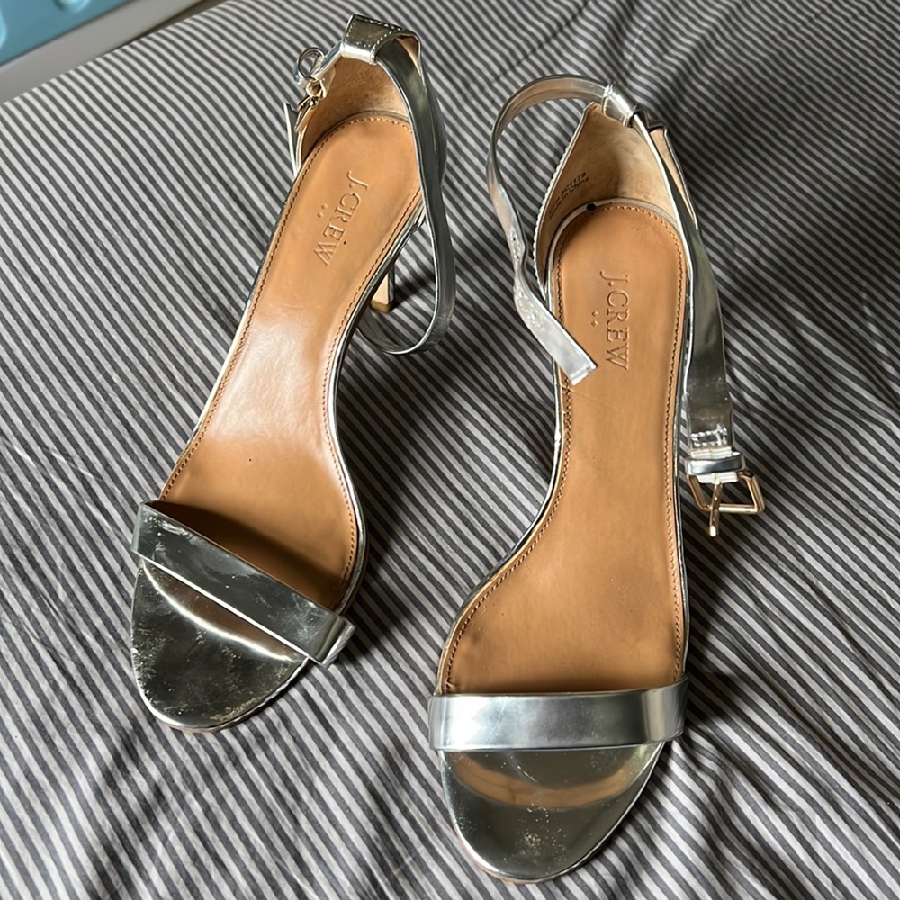 J Crew Metallic Silver Strappy Heels — Size 10